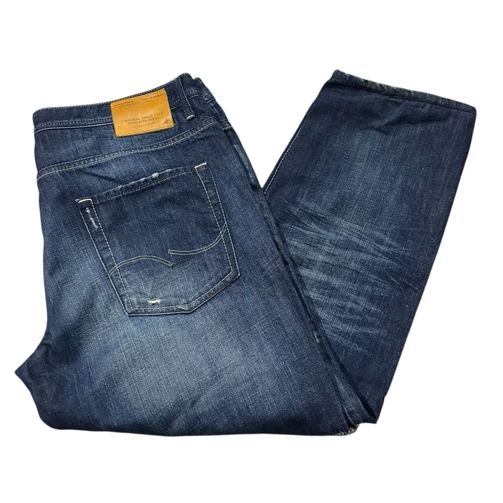 Jack & Jones Nick Jeans 38 x 27 Regular Fit Distressed Straight Leg Button Fly